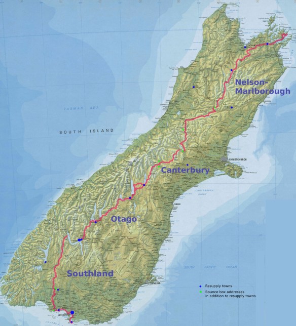 Map of South Island showing Te Araroa Trail route