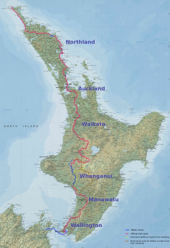 The North Island with the official trail marked and some Whanganui options indicated