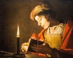 Reading: Matthias Stom, 'A young man reading at candlelight, 1600s, nationalmuseum, Stockholm.